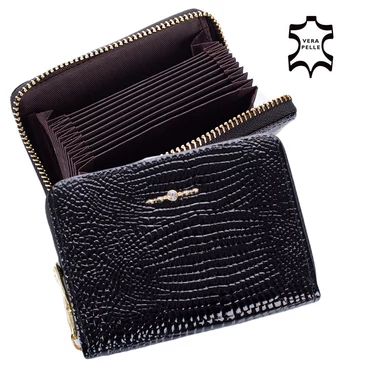 Valódi lakk bőr cipzáras kártyatartó fekete színben