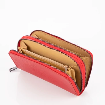 Dupla cipzáras valódi bőr női pénztárca konyak színben P518