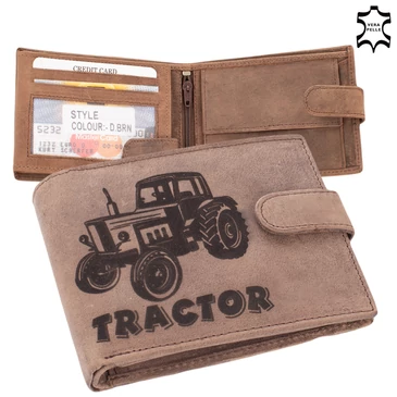 Bőr pénztárca barna színben traktor mintával RFID védelemmel díszdobozban 5702-tractor