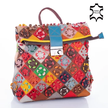 Virágmintás Valódi bőr női hátizsák Patchwork mintával