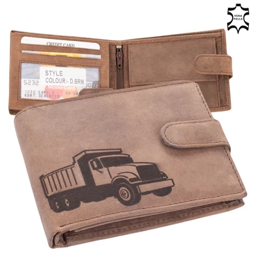 Bőr pénztárca barna színben teherautó mintával díszdobozban RFID védelemmel 5702-teherauto