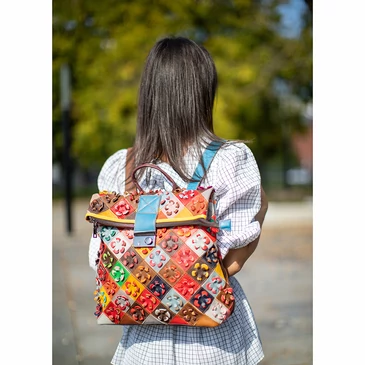 Virágmintás Valódi bőr női hátizsák Patchwork mintával