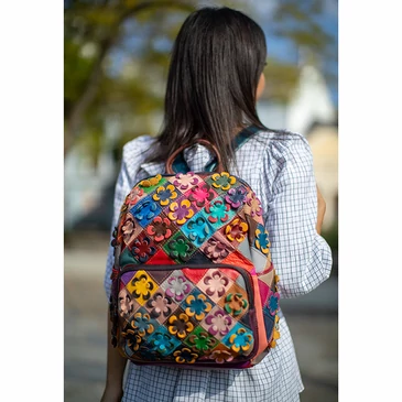 Virágmintás Valódi bőr női hátizsák Patchwork mintával