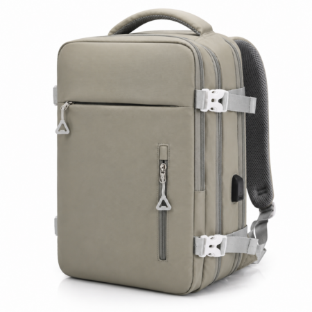 Vízálló Laptoptartós Utazó Hátizsák USB csatlakozóval WizzAir-Ryanair méretű 40x30x20 cm szürke színben