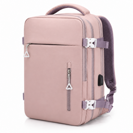 Vízálló Laptoptartós Utazó Hátizsák USB csatlakozóval WizzAir-Ryanair méretű 40x30x20 cm púder színben