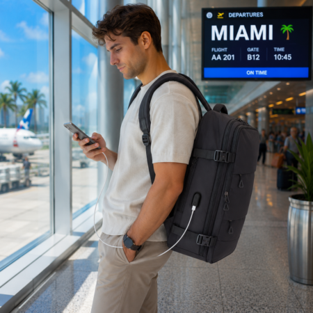 Vízálló  Többfunkciós Tágas Utazó Hátizsák USB csatlakozóval WizzAir Ryanair méretű 40x30x20 cm fekete színben