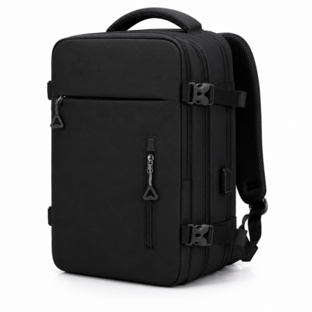 Vízálló Laptoptartós Utazó Hátizsák USB csatlakozóval WizzAir-Ryanair méretű 40x30x20 cm fekete színben