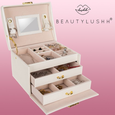 BEAUTYLUSHH 3 részes ékszerdoboz, bársony béléssel bézs színben