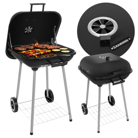 Faszenes olcsó grillsütő fedővel, nagy, hordozható ráccsal, stabil polccal, fogantyúval