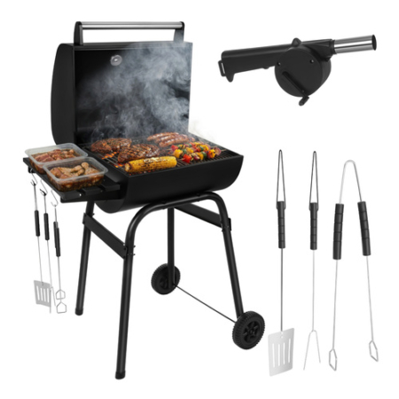 Faszenes kerti grillsütő fedővel Kedvező áron -- hordozható kerti grill, nagy ráccsal, hőmérővel és tartozékokkal