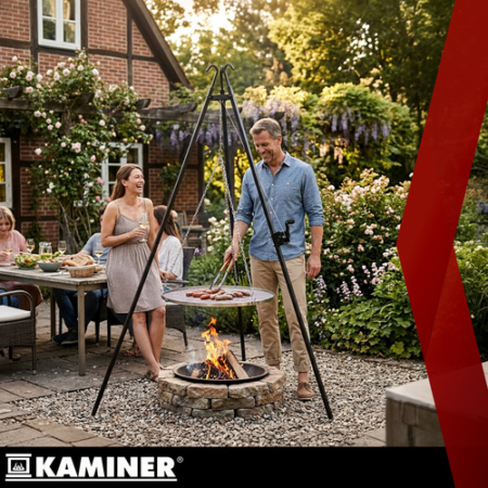 Kerti grillsütő állvány 190x70 cm Kaminer rozsdamentes acél rács magasságállítás