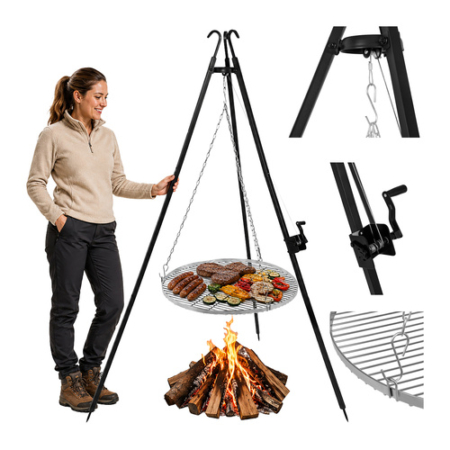 Kerti grillsütő állvány 190x70 cm Kaminer rozsdamentes acél rács magasságállítás