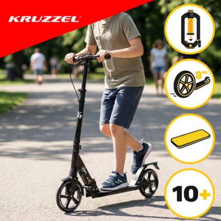 KRUZZEL Fekete nagyméretű összecsukható városi roller felfüggesztéssel, tárcsafékkel és állítható kormánymagassággal