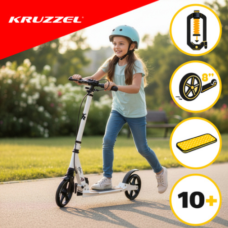 KRUZZEL nagyméretű összecsukható városi roller felfüggesztéssel, tárcsafékkel és állítható kormánymagassággal