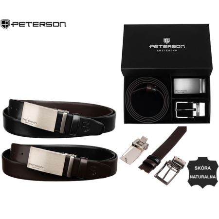 Ajándék szett: férfi kétoldalas bőr öv + 2 csat Peterson PTN KL-B005-S001 Fekete+D.Barna