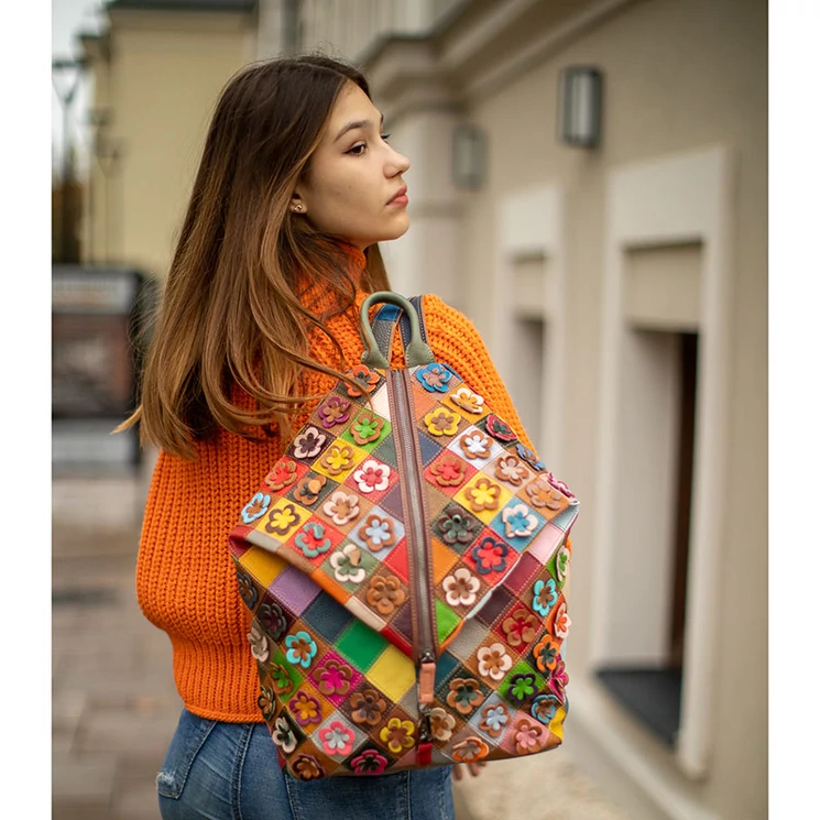 Különleges Patchwork mintás Valódi bőr női hátizsák 