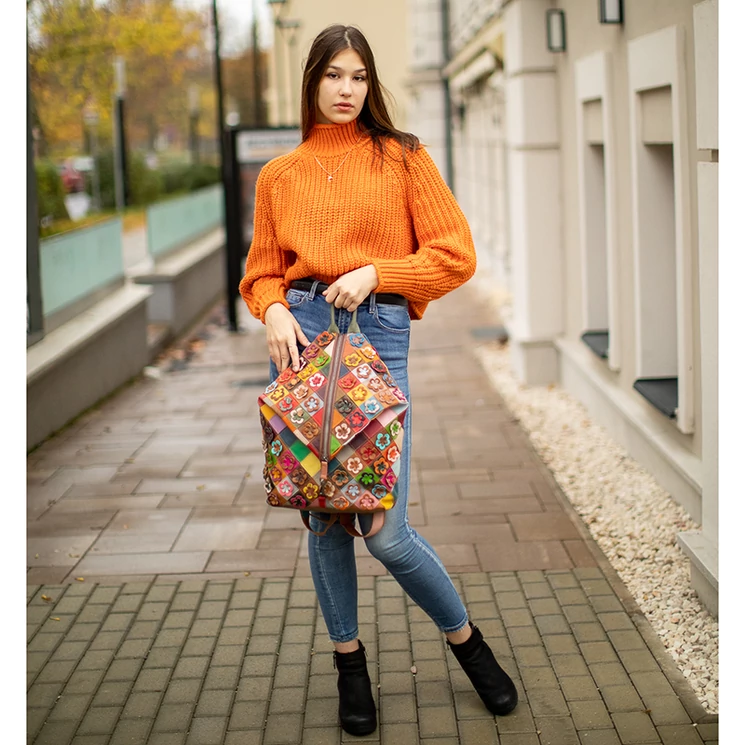 Különleges Patchwork mintás Valódi bőr női hátizsák 