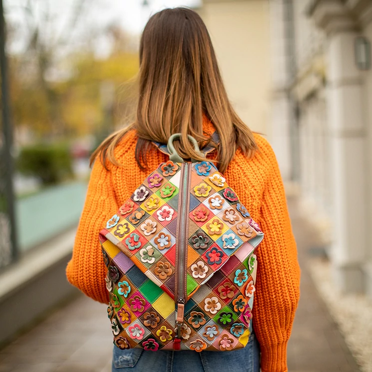 Különleges Patchwork mintás Valódi bőr női hátizsák 