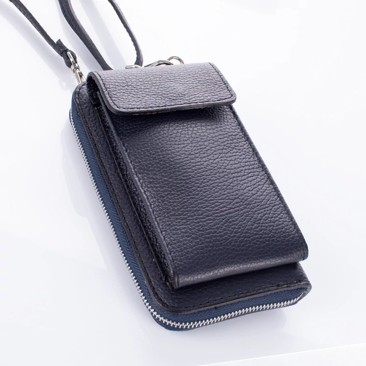 Valódi bőr telefontartó és pénztárca egyben sötétkék színben