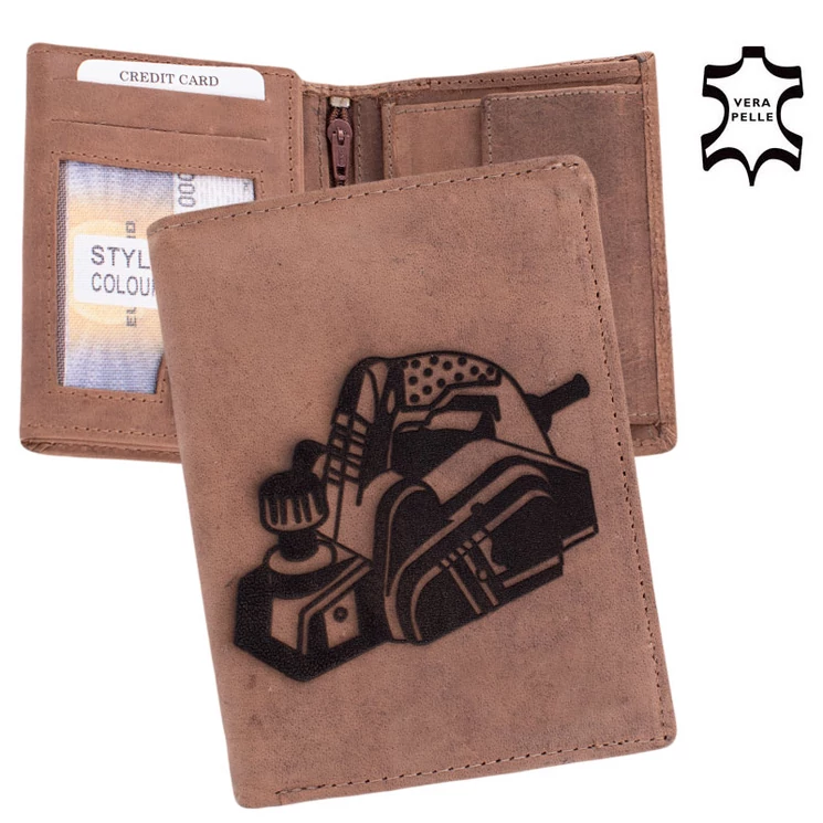 Bőr pénztárca asztalos mintával díszdobozban