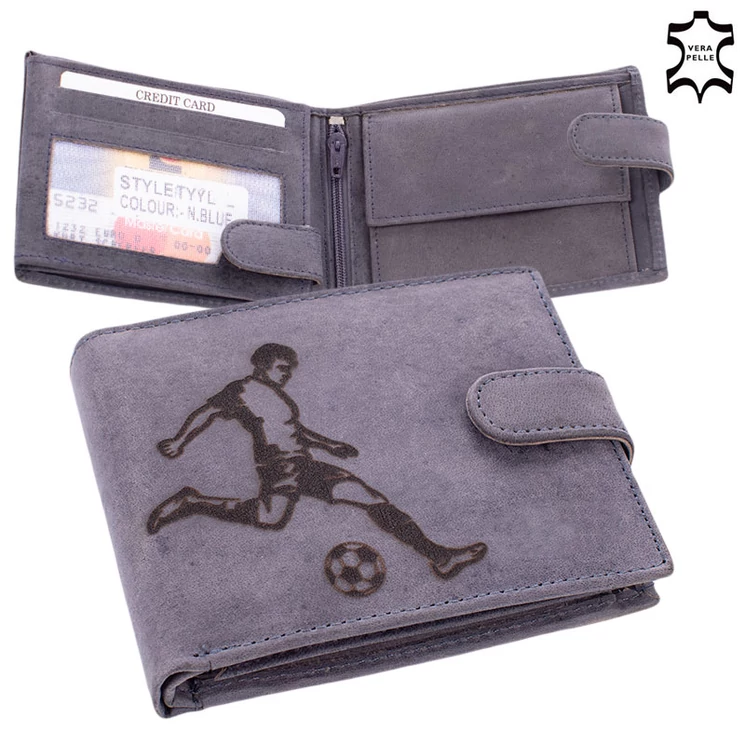 Bőr pénztárca kék színben foci mintával Kedvezményes áron díszdobozban