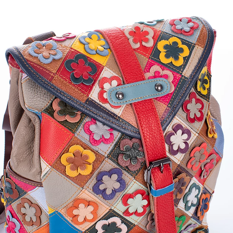 Patchwork mintás virágos Valódi bőr női hátizsák 