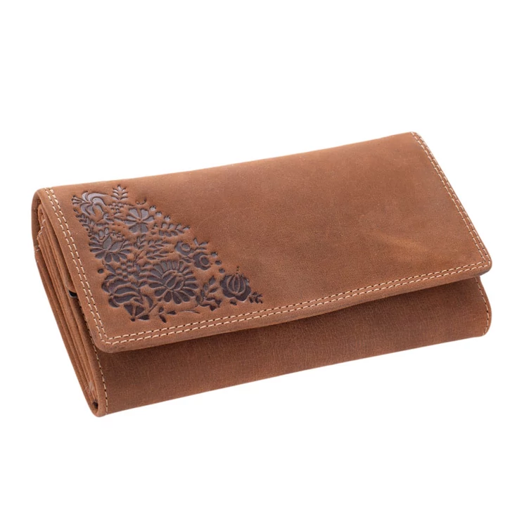 Valódi bőr brifkó pénztárca barna színben díszdobozban virág mintával