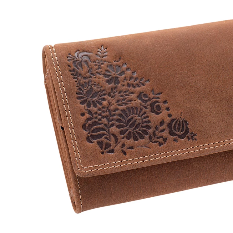 Valódi bőr brifkó pénztárca barna színben díszdobozban virág mintával