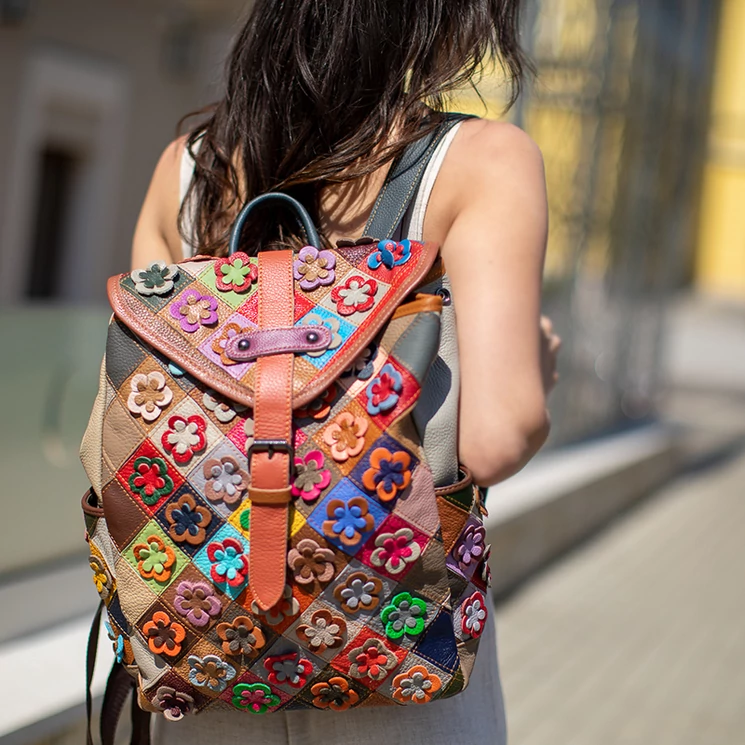 Patchwork mintás Valódi bőr női hátizsák 