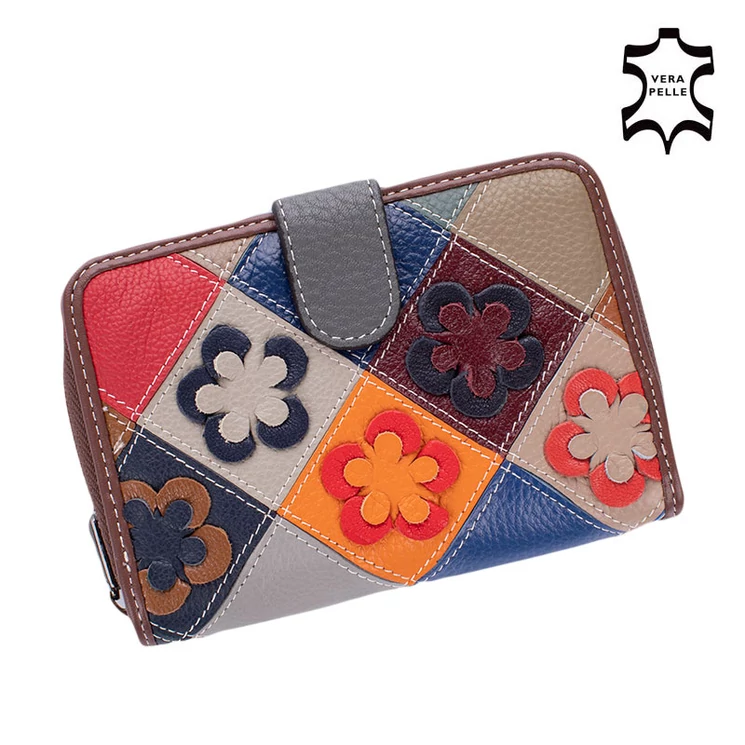 Valódi bőr virágos többrekeszes női pénztárca