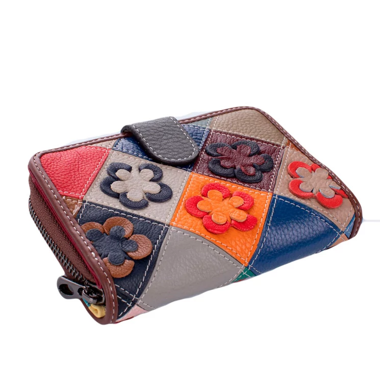 Valódi bőr virágos többrekeszes női pénztárca