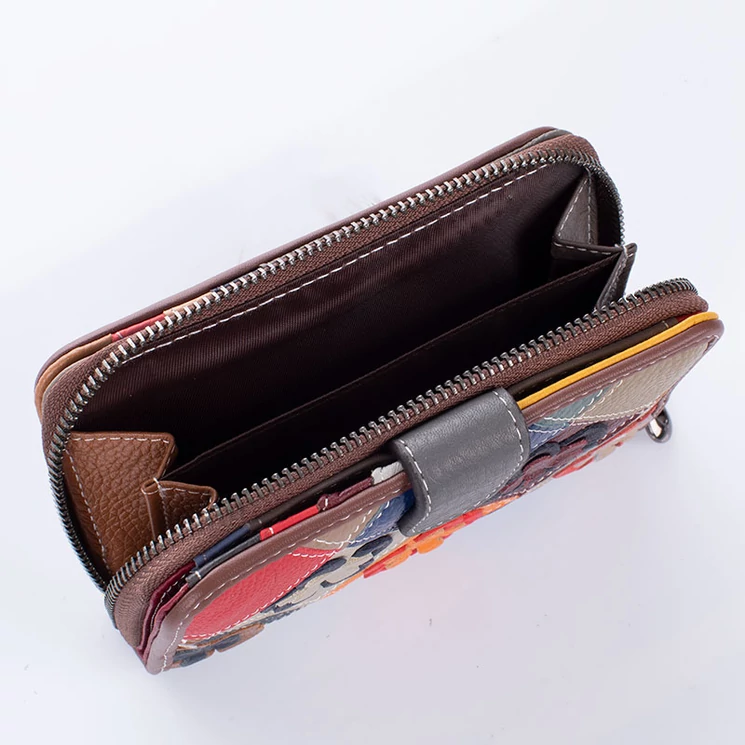 Valódi bőr virágos többrekeszes női pénztárca