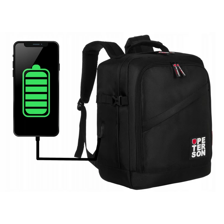 Peterson 3- Funkciós Utazó Hátizsák, WizzAir méretű 40x30x20cm, Fekete-Piros Színben / USB csatlakozóval