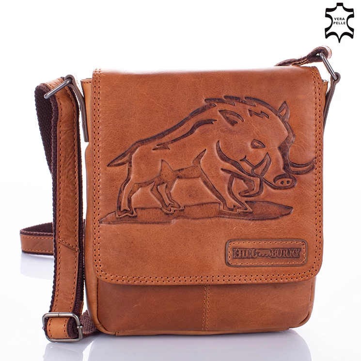 HILL BURRY Valódi bőr férfi vadász oldaltáska vaddisznó mintával