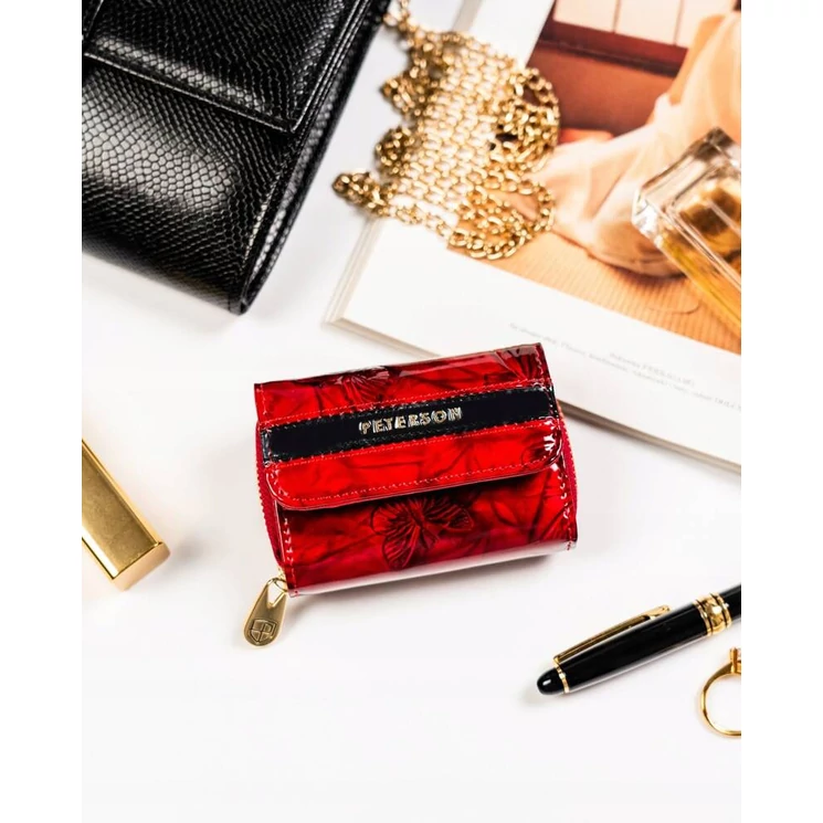 Kisméretű Lakk valódi bőr Női pénztárca pillangó mintával