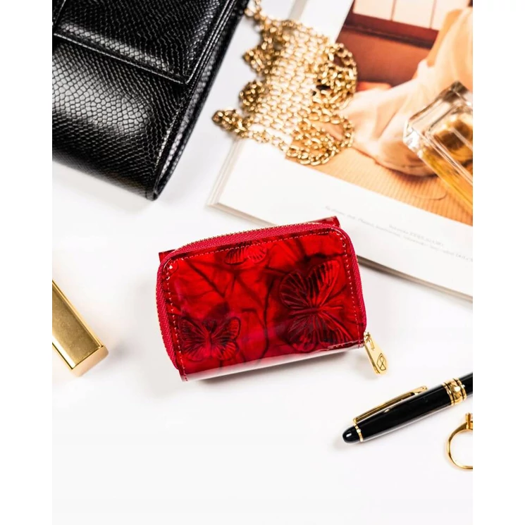 Kisméretű Lakk valódi bőr Női pénztárca pillangó mintával