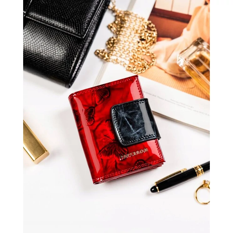 Kis méretű Lakk valódi bőr Női pénztárca pillangó mintával