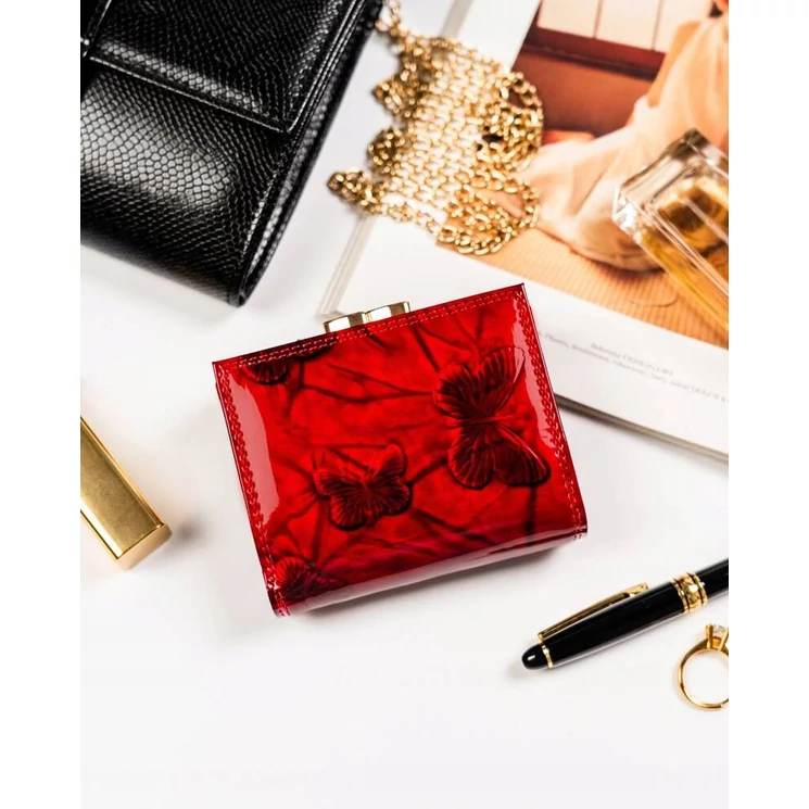 Kis méretű Lakk valódi bőr Női pénztárca pillangó mintával