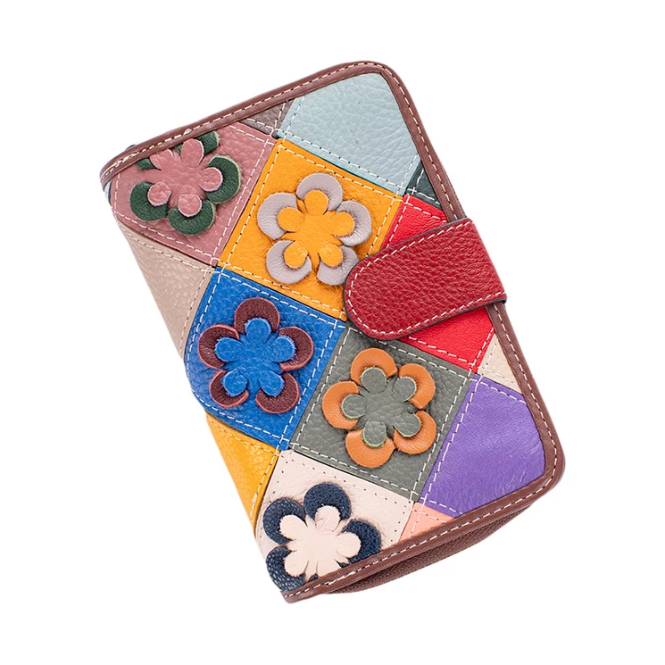 Valódi bőr virágos többrekeszes női pénztárca