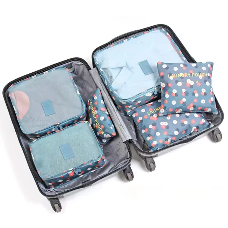 Bőröndrendező táskák utazáshoz 6 db-os szet kék virágos