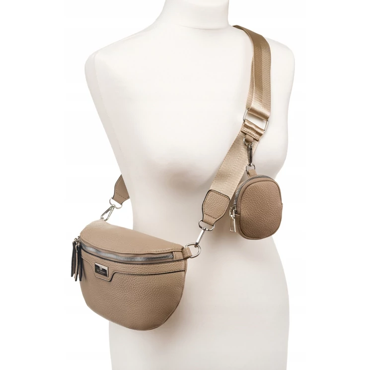 Elegáns Női Övtáska/Oldaltáska + Praktikus kiegészítővel sötét bézs színben