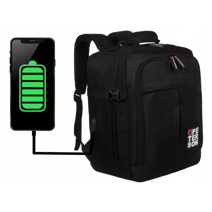 Peterson 3- Funkciós Utazó Hátizsák, WizzAir méretű 40x30x20cm, Fekete-piros Színben / bővíthető /USB csatlakozóval