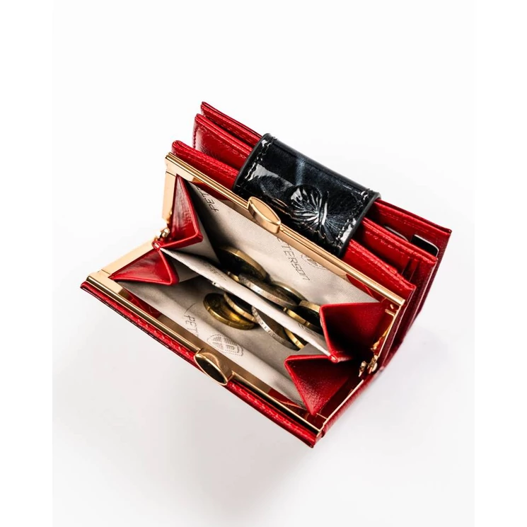 Kis méretű Lakk valódi bőr Női pénztárca pillangó mintával