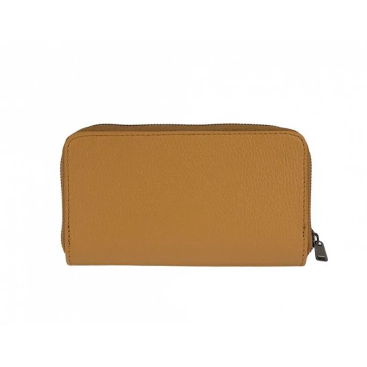 Dupla cipzáras valódi bőr női pénztárca konyak színben P518