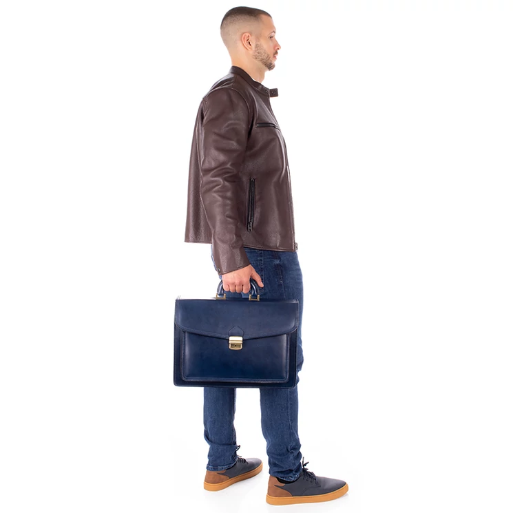 Valódi bőr aktatáska 3 részes kék színben