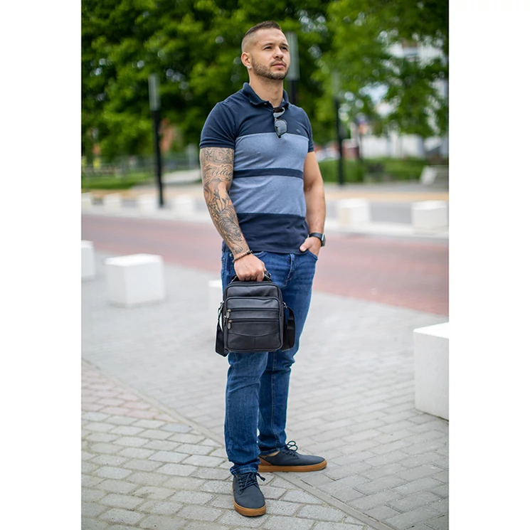  Valódi bőr férfi oldaltáska fekete színben 6612-black