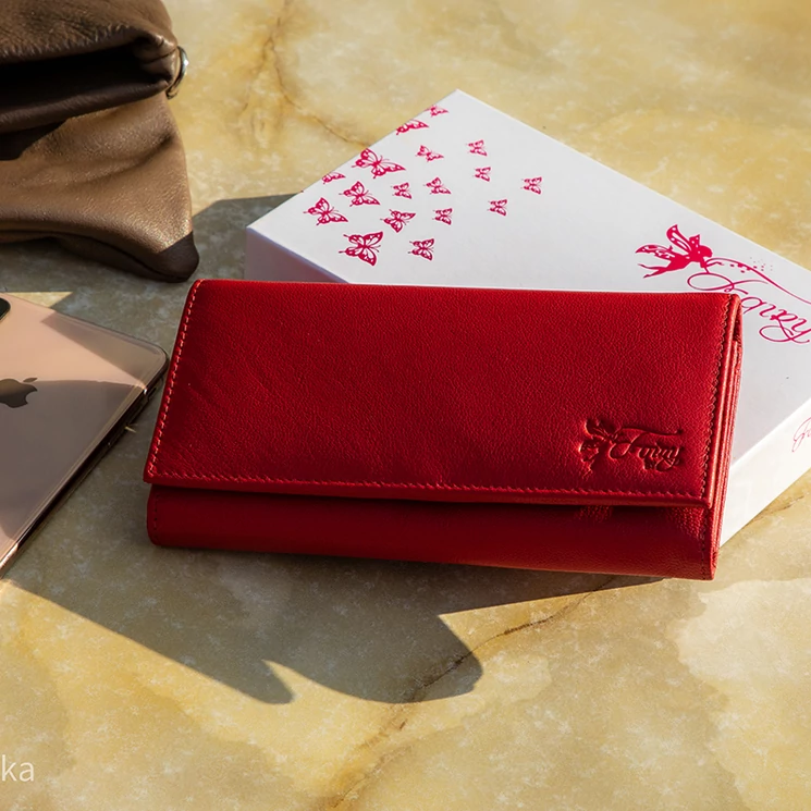 Fairy valódi bőr piros női pénztárca RFID védelemmel díszdobozban