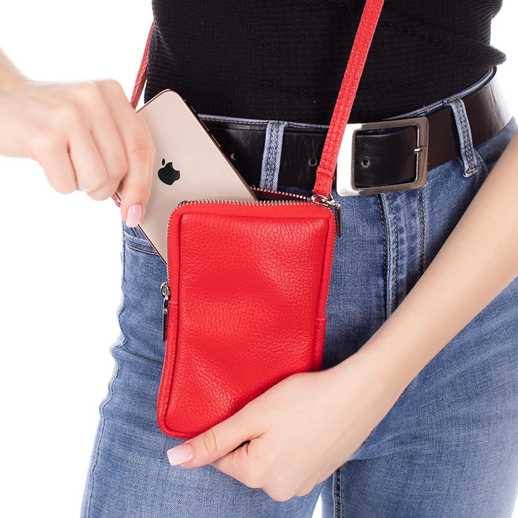 Valódi bőr nyakba akasztható telefontartó narancs színben TR180 orange