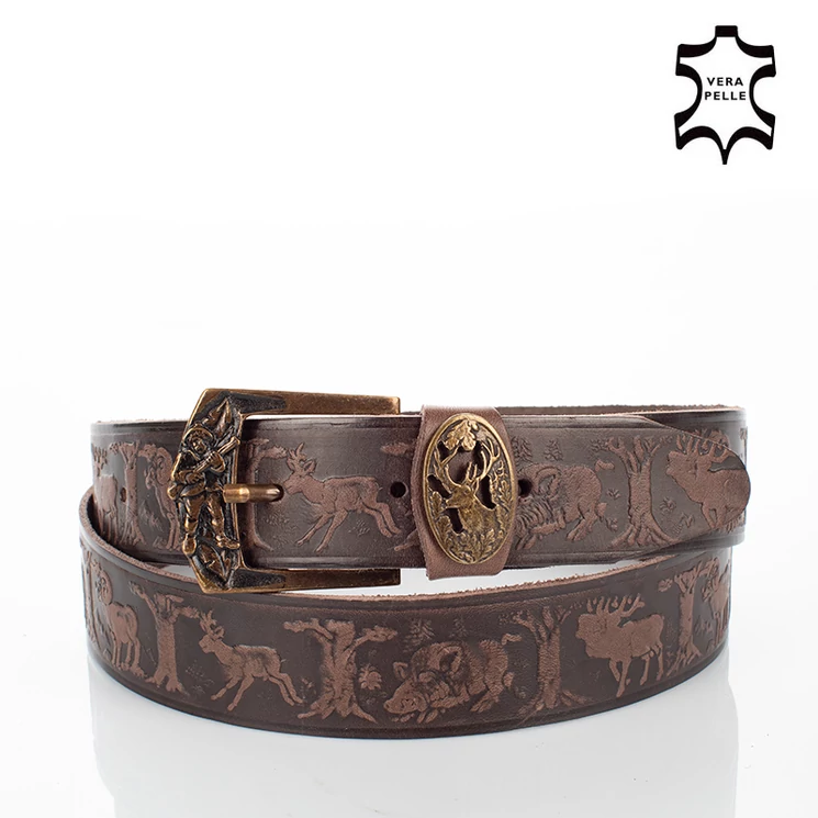 Vadász öv szarvasfej mintával barna színben 