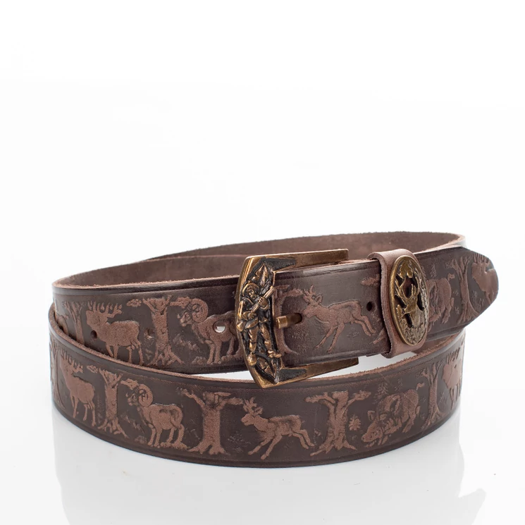 Vadász öv szarvasfej mintával barna színben 
